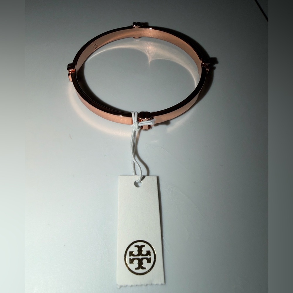 Tory Burch Rose Gold Signature T Logo Bangle Bracelet - Picture 5 of 9